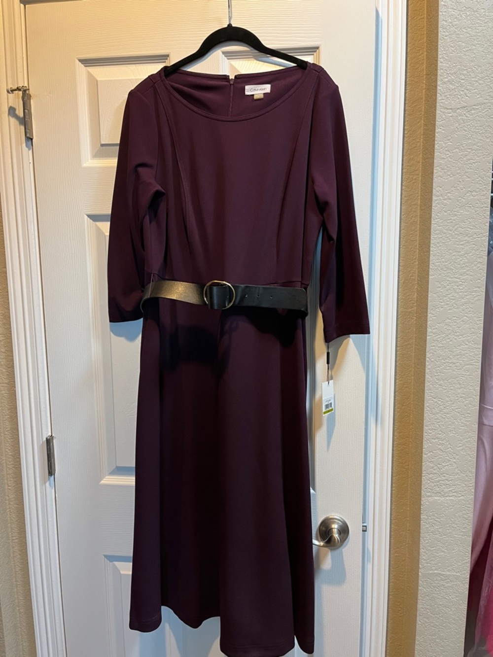 Calvin Klein Plum Midi Dress with Black Belt